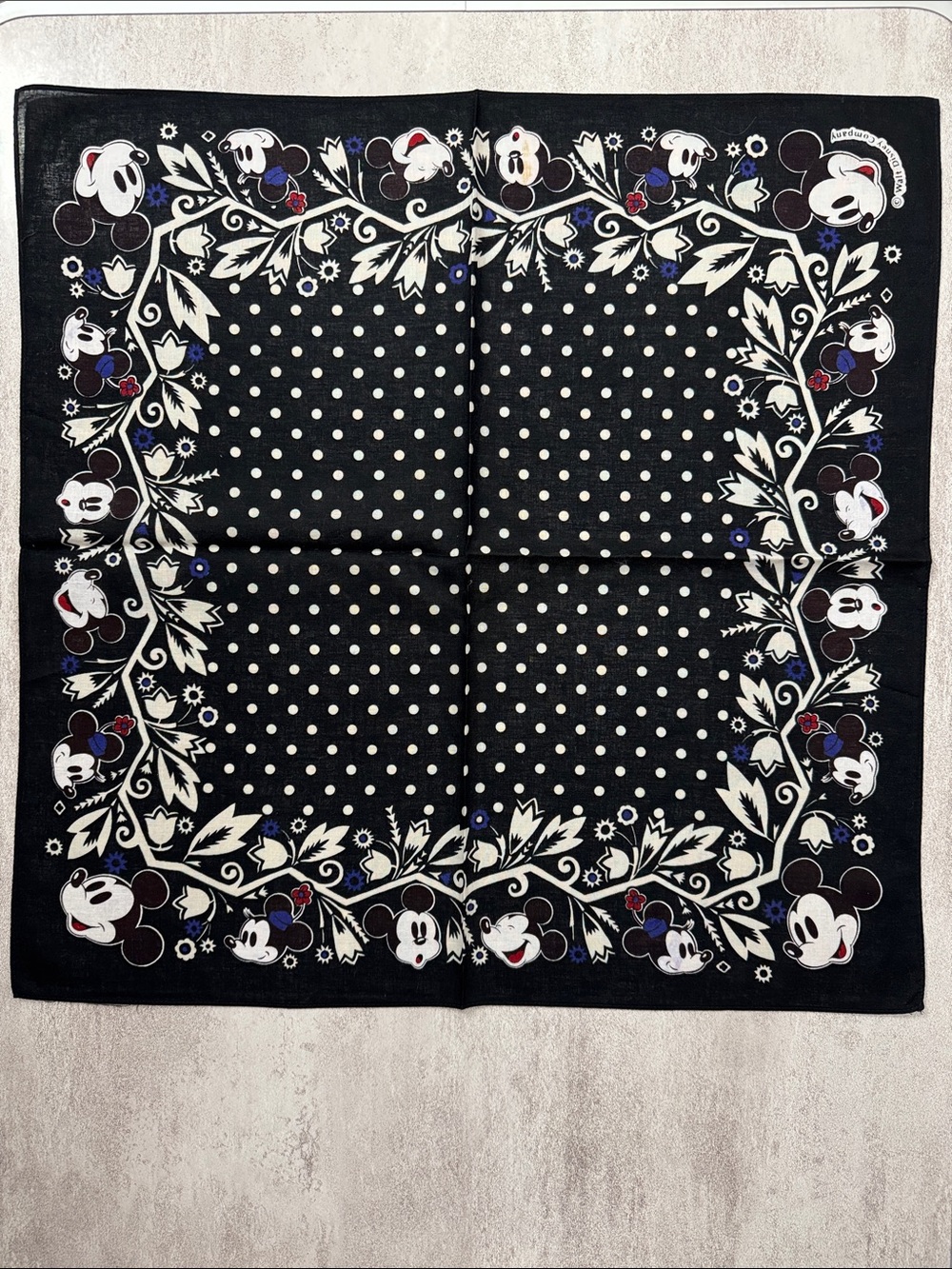 Disney Black White Polka Dot Mickey Mouse Border Scarf with Red & Blue Accents